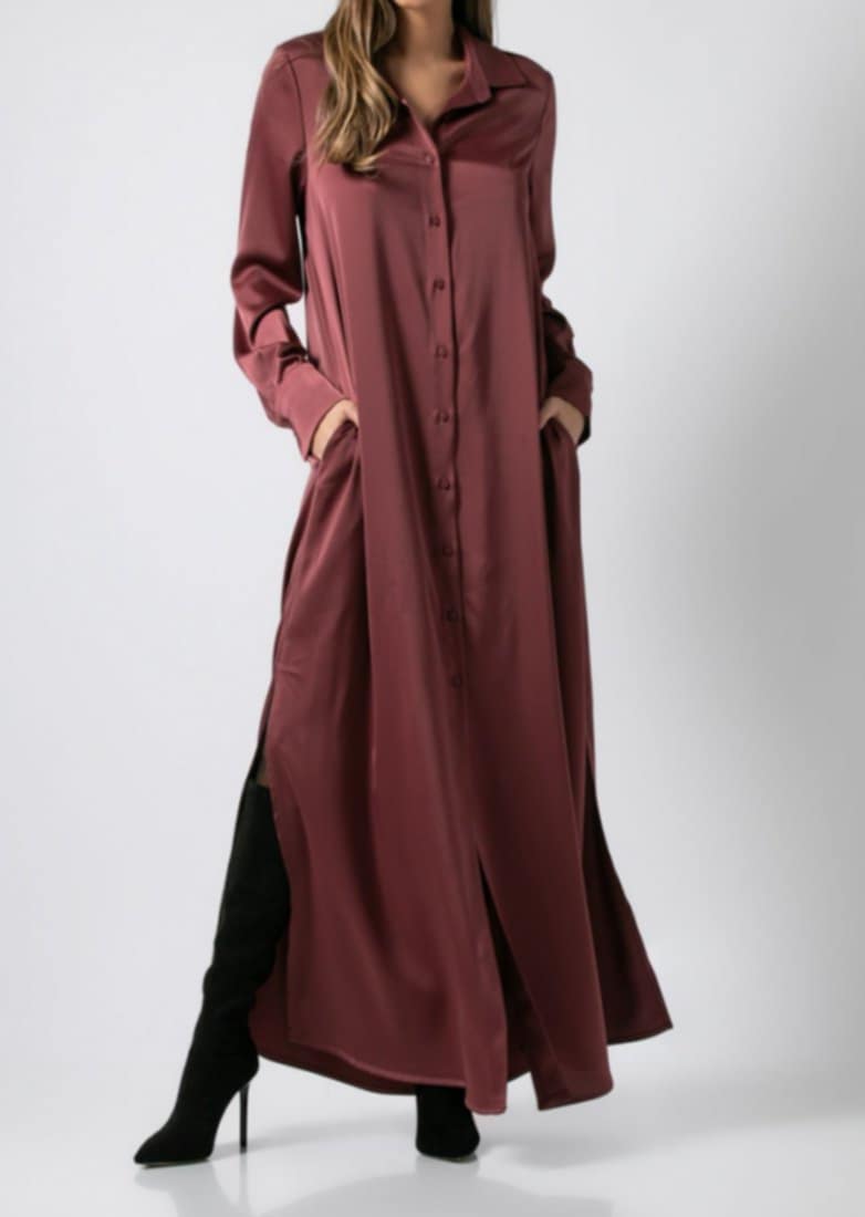 Φόρεμα maxi σατέν μακρυμάνικο σεμιζιέ Μαύρο &amp;  Wine ginger &amp; Ανθρακί