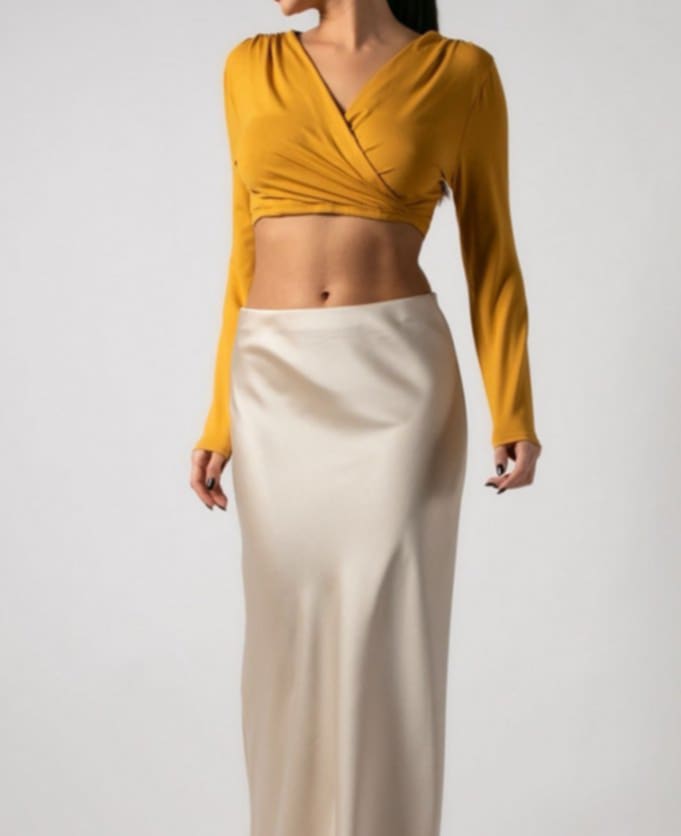 Crop top κρουαζέ Μουσταρδί,Κανέλα, Ροζ σκούρο