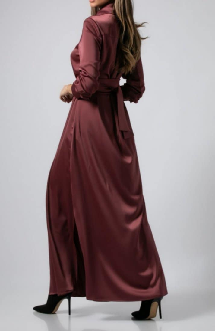 Φόρεμα maxi σατέν μακρυμάνικο σεμιζιέ Μαύρο &amp;  Wine ginger &amp; Ανθρακί