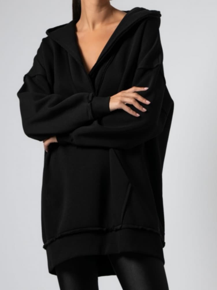 Μπλούζα φούτερ χνούδι μακρυμάνικη με "V", κουκούλα, τσέπη και εξωτερικές ραφές Apricot-Black-ΛΑΔΙ ΑΝΟΙΧΤΟ-ΛΑΔΙ ΣΚΟΥΡΟ