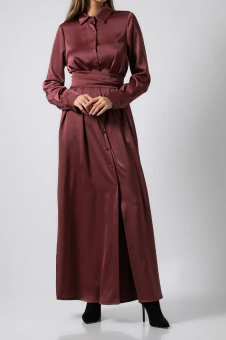 Φόρεμα maxi σατέν μακρυμάνικο σεμιζιέ Μαύρο &amp;  Wine ginger &amp; Ανθρακί