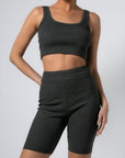 Σετ ριπ crop top αμάνικο - Κολάν ποδηλατικό ψηλόμεσο,Βεραμάν,Μουσταρδί,Ανθρακί μελανζέ,Μπλε ρουά μελανζέ