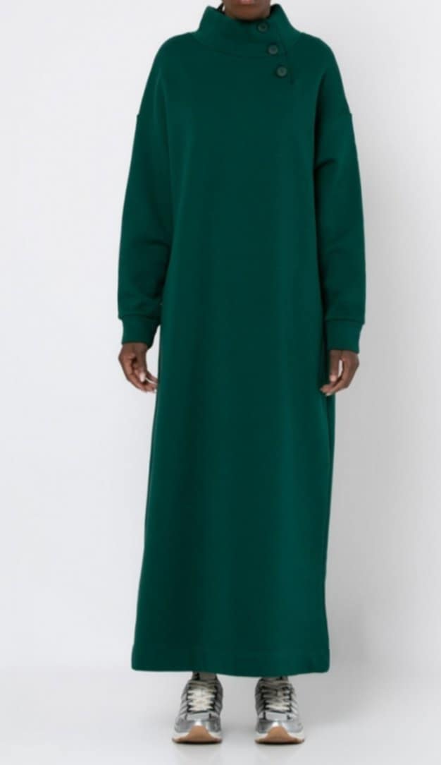 Φόρεμα φούτερ χνούδι maxi μακρυμάνικο με κλειστή λαιμόκοψη και κουμπιά Μπορντώ σκούρο &amp; Εκρού &amp; Πράσινο-σκούρο