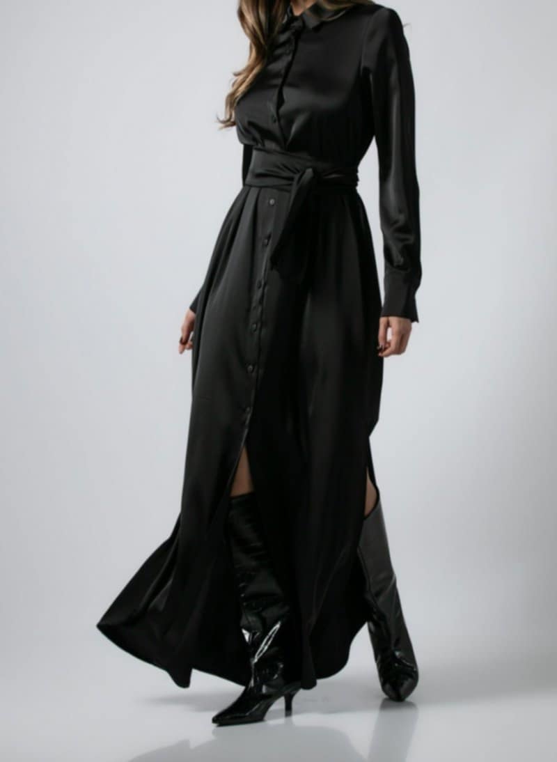 Φόρεμα maxi σατέν μακρυμάνικο σεμιζιέ Μαύρο &amp;  Wine ginger &amp; Ανθρακί