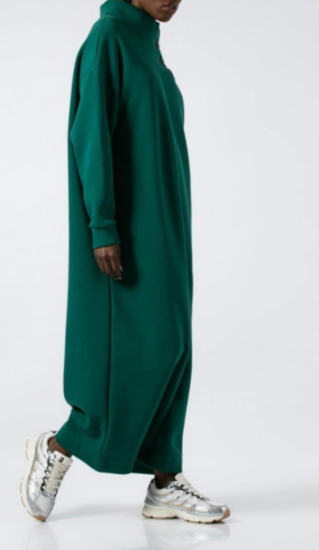 Φόρεμα φούτερ χνούδι maxi μακρυμάνικο με κλειστή λαιμόκοψη και κουμπιά Μπορντώ σκούρο &amp; Εκρού &amp; Πράσινο-σκούρο