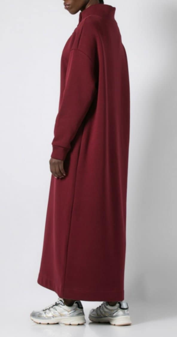 Φόρεμα φούτερ χνούδι maxi μακρυμάνικο με κλειστή λαιμόκοψη και κουμπιά Μπορντώ σκούρο &amp; Εκρού &amp; Πράσινο-σκούρο