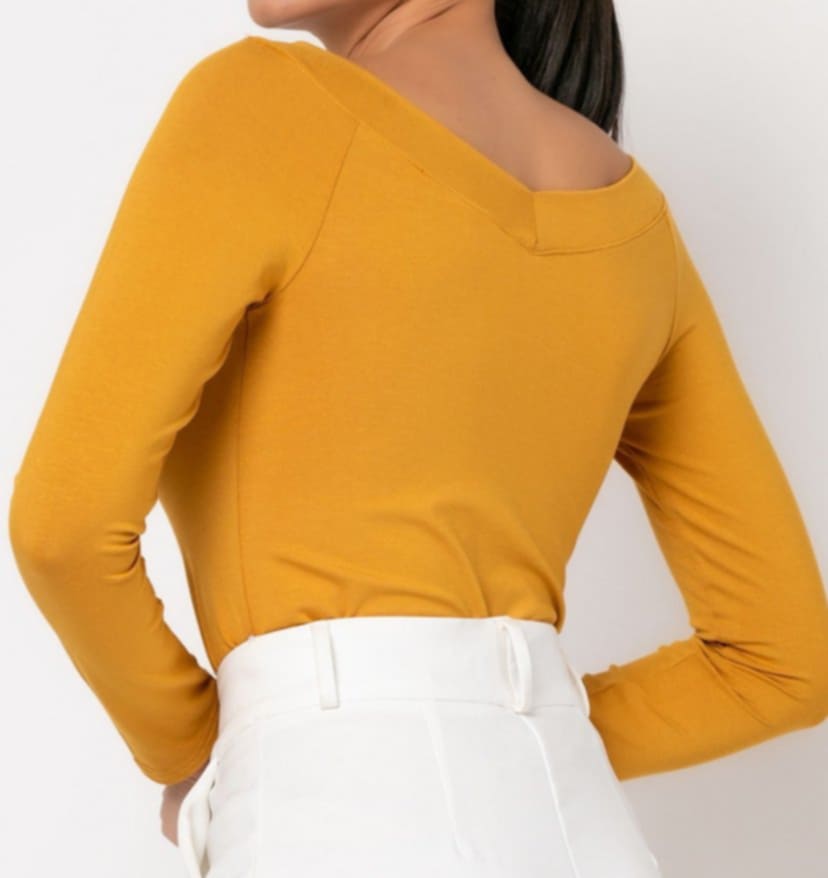 Μπλούζα Viscose με "V" μπροστά και πίσω Κανέλα σκούρο, Κάμελ, Εκρού,Μουσταρδί