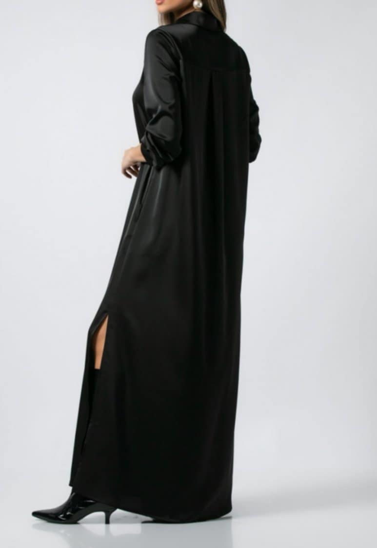 Φόρεμα maxi σατέν μακρυμάνικο σεμιζιέ Μαύρο &amp;  Wine ginger &amp; Ανθρακί