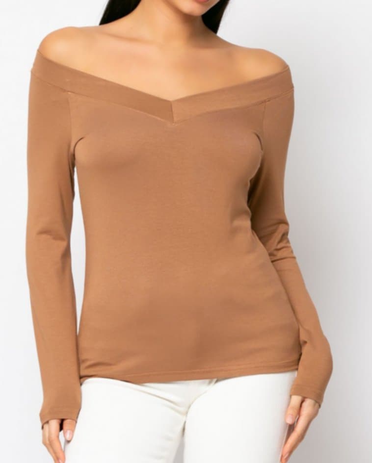 Μπλούζα Viscose με "V" μπροστά και πίσω Κανέλα σκούρο, Κάμελ, Εκρού,Μουσταρδί