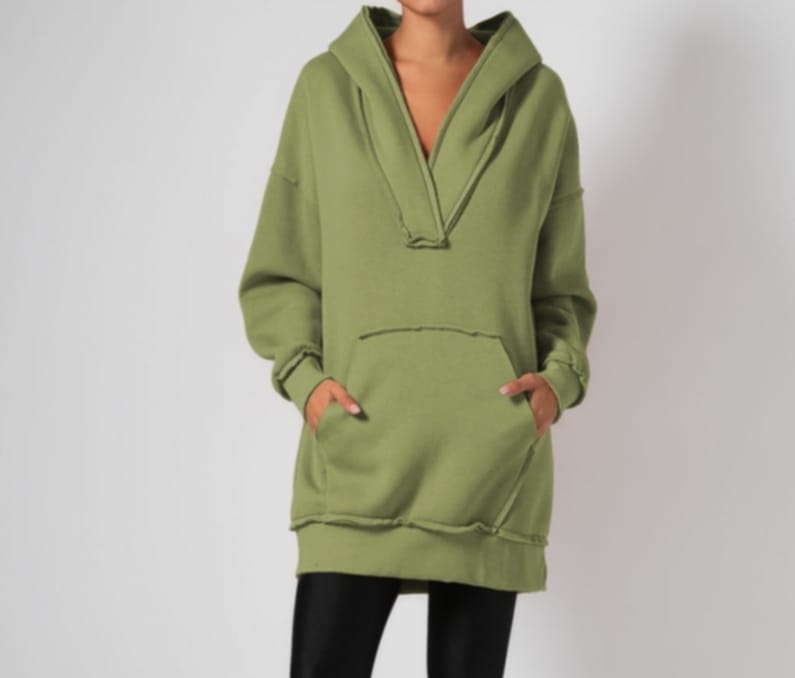 Μπλούζα φούτερ χνούδι μακρυμάνικη με "V", κουκούλα, τσέπη και εξωτερικές ραφές Apricot-Black-ΛΑΔΙ ΑΝΟΙΧΤΟ-ΛΑΔΙ ΣΚΟΥΡΟ