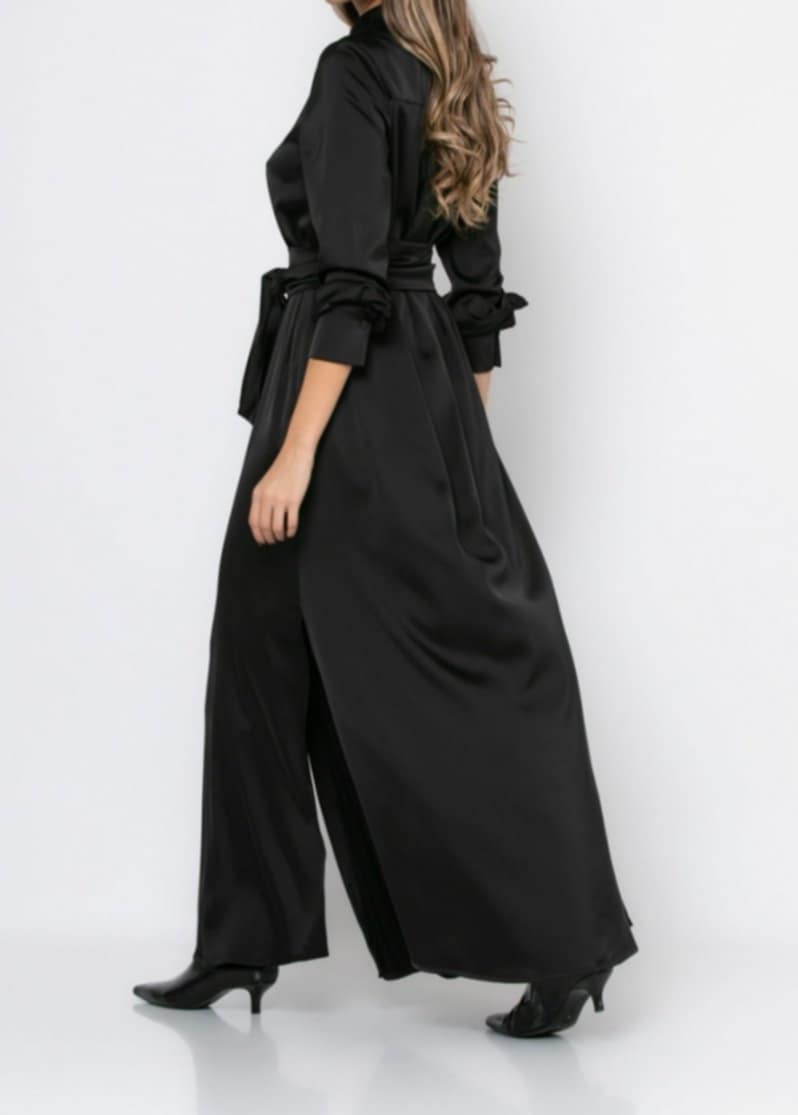 Φόρεμα maxi σατέν μακρυμάνικο σεμιζιέ Μαύρο &amp;  Wine ginger &amp; Ανθρακί