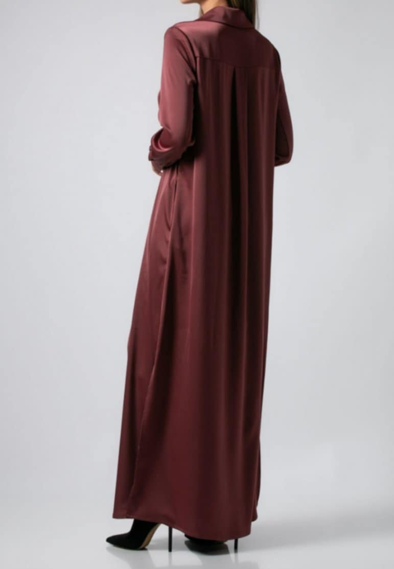 Φόρεμα maxi σατέν μακρυμάνικο σεμιζιέ Μαύρο &amp;  Wine ginger &amp; Ανθρακί