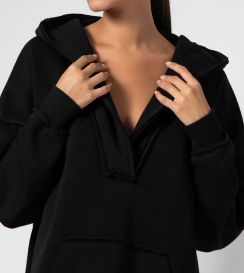 Μπλούζα φούτερ χνούδι μακρυμάνικη με "V", κουκούλα, τσέπη και εξωτερικές ραφές Apricot-Black-ΛΑΔΙ ΑΝΟΙΧΤΟ-ΛΑΔΙ ΣΚΟΥΡΟ