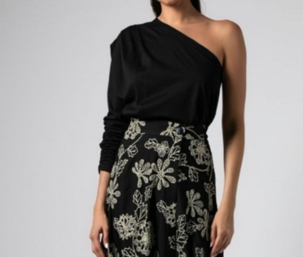 Μπλούζα μακρυμάνικη βαμβακερή με ένα μανίκι και πιέτες στον ώμο Ανθρακί &amp; Μαύρο