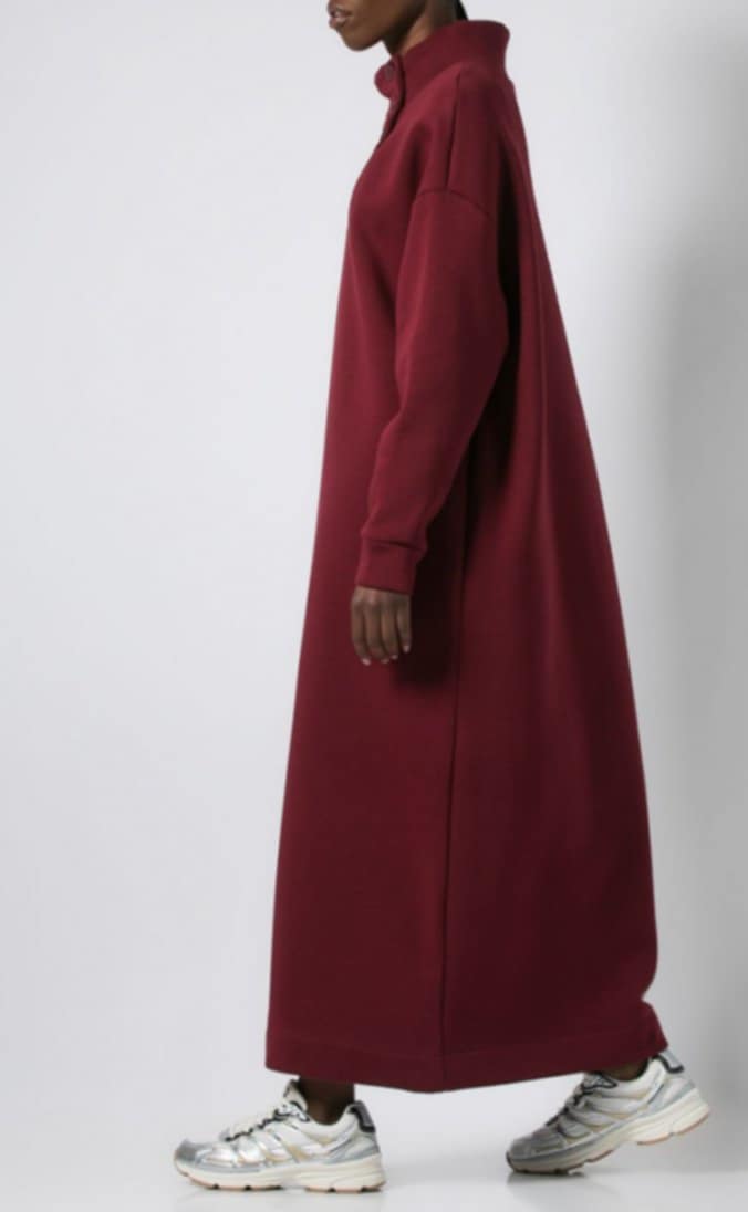 Φόρεμα φούτερ χνούδι maxi μακρυμάνικο με κλειστή λαιμόκοψη και κουμπιά Μπορντώ σκούρο &amp; Εκρού &amp; Πράσινο-σκούρο