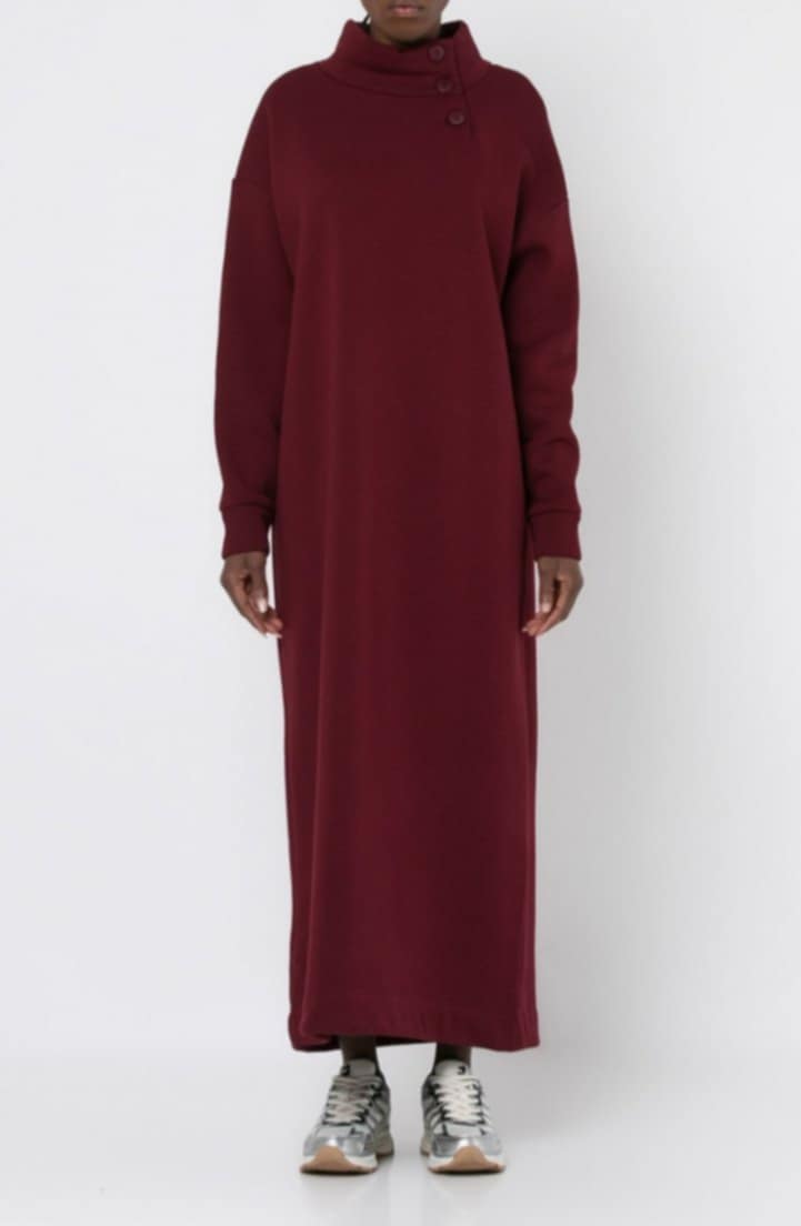 Φόρεμα φούτερ χνούδι maxi μακρυμάνικο με κλειστή λαιμόκοψη και κουμπιά Μπορντώ σκούρο &amp; Εκρού &amp; Πράσινο-σκούρο