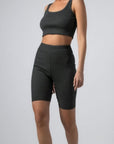 Σετ ριπ crop top αμάνικο - Κολάν ποδηλατικό ψηλόμεσο,Βεραμάν,Μουσταρδί,Ανθρακί μελανζέ,Μπλε ρουά μελανζέ