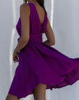 Φόρεμα mini με "V" πλάτη και ζώνη σε "A" γραμμή Green,Black,Purple