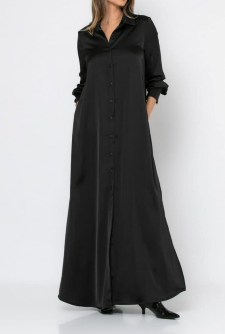 Φόρεμα maxi σατέν μακρυμάνικο σεμιζιέ Μαύρο &amp;  Wine ginger &amp; Ανθρακί