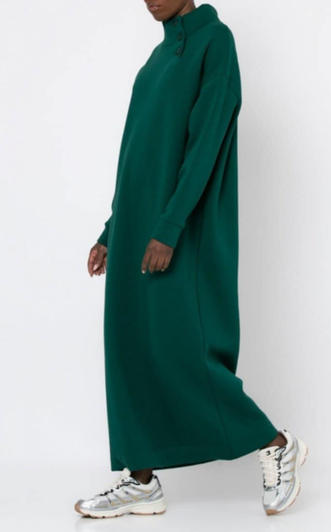 Φόρεμα φούτερ χνούδι maxi μακρυμάνικο με κλειστή λαιμόκοψη και κουμπιά Μπορντώ σκούρο &amp; Εκρού &amp; Πράσινο-σκούρο