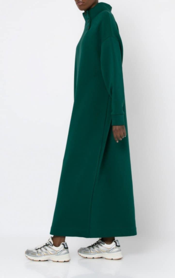 Φόρεμα φούτερ χνούδι maxi μακρυμάνικο με κλειστή λαιμόκοψη και κουμπιά Μπορντώ σκούρο &amp; Εκρού &amp; Πράσινο-σκούρο