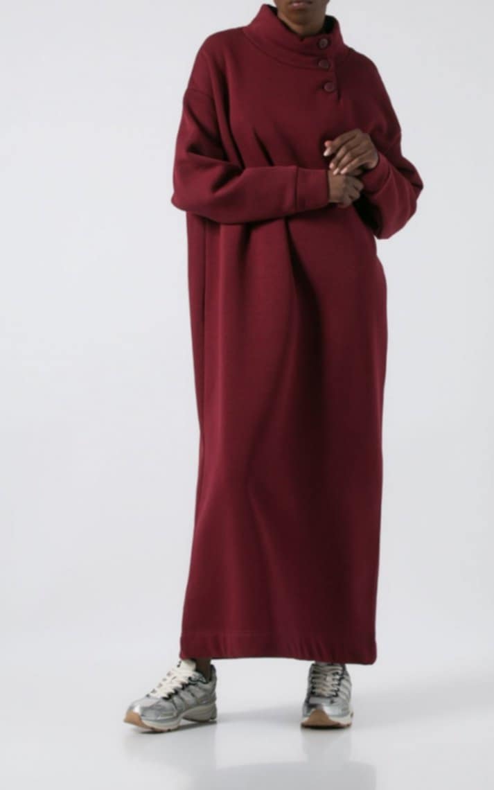 Φόρεμα φούτερ χνούδι maxi μακρυμάνικο με κλειστή λαιμόκοψη και κουμπιά Μπορντώ σκούρο &amp; Εκρού &amp; Πράσινο-σκούρο