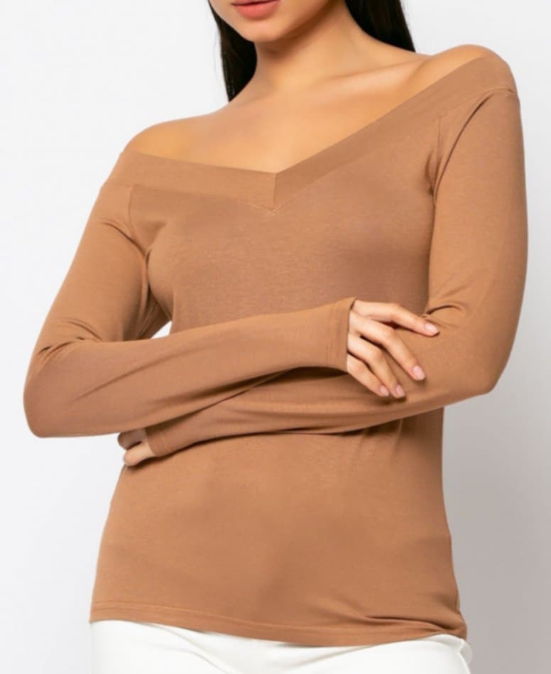 Μπλούζα Viscose με "V" μπροστά και πίσω Κανέλα σκούρο, Κάμελ, Εκρού,Μουσταρδί