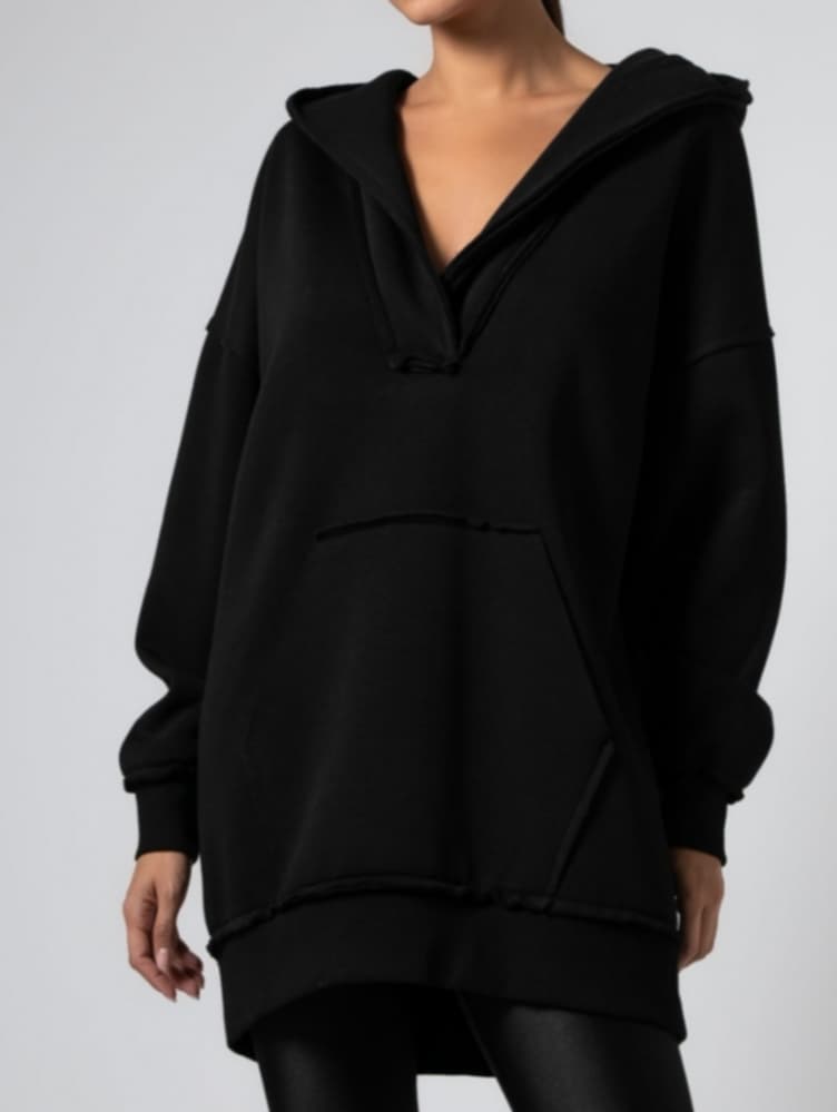 Μπλούζα φούτερ χνούδι μακρυμάνικη με "V", κουκούλα, τσέπη και εξωτερικές ραφές Apricot-Black-ΛΑΔΙ ΑΝΟΙΧΤΟ-ΛΑΔΙ ΣΚΟΥΡΟ