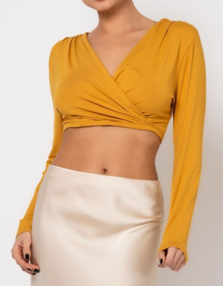 Crop top κρουαζέ Μουσταρδί,Κανέλα, Ροζ σκούρο