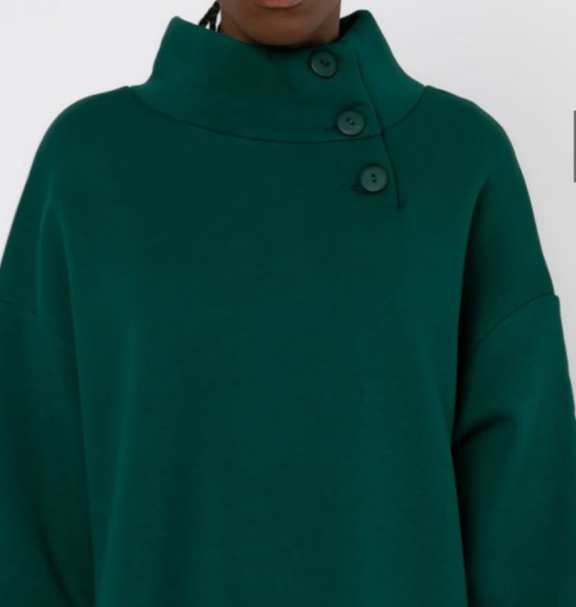 Φόρεμα φούτερ χνούδι maxi μακρυμάνικο με κλειστή λαιμόκοψη και κουμπιά Μπορντώ σκούρο &amp; Εκρού &amp; Πράσινο-σκούρο