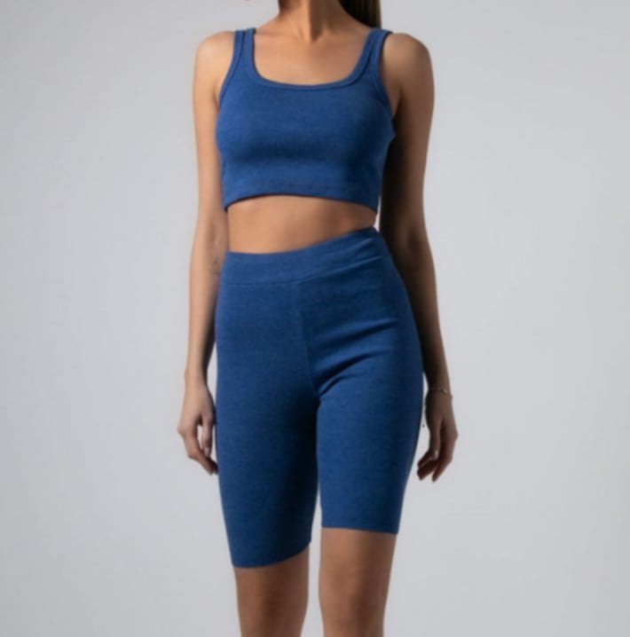 Σετ ριπ crop top αμάνικο - Κολάν ποδηλατικό ψηλόμεσο,Βεραμάν,Μουσταρδί,Ανθρακί μελανζέ,Μπλε ρουά μελανζέ
