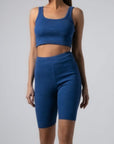 Σετ ριπ crop top αμάνικο - Κολάν ποδηλατικό ψηλόμεσο,Βεραμάν,Μουσταρδί,Ανθρακί μελανζέ,Μπλε ρουά μελανζέ