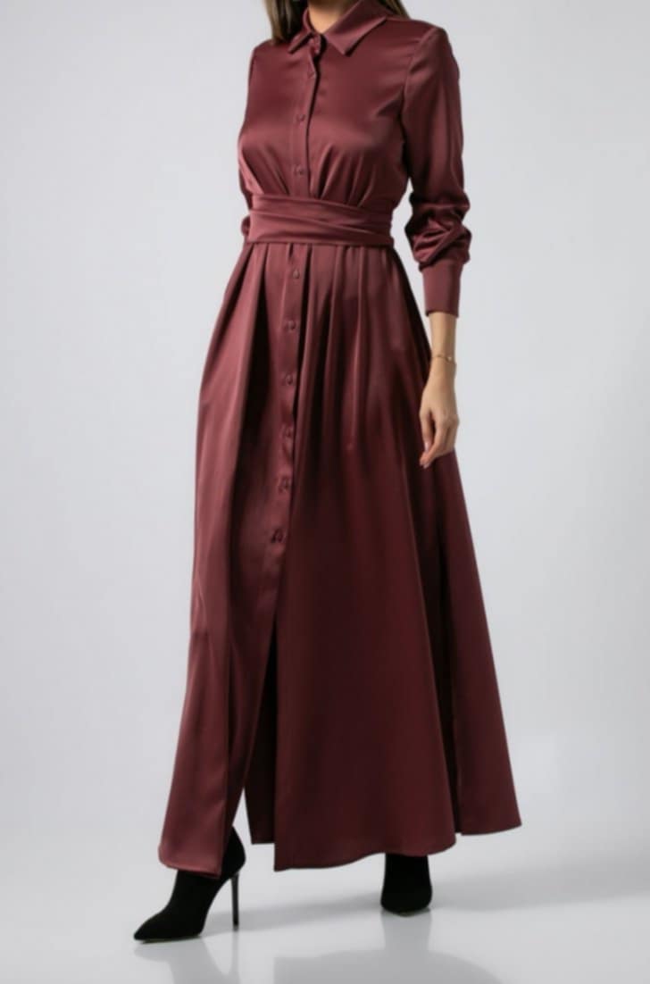 Φόρεμα maxi σατέν μακρυμάνικο σεμιζιέ Μαύρο &amp;  Wine ginger &amp; Ανθρακί