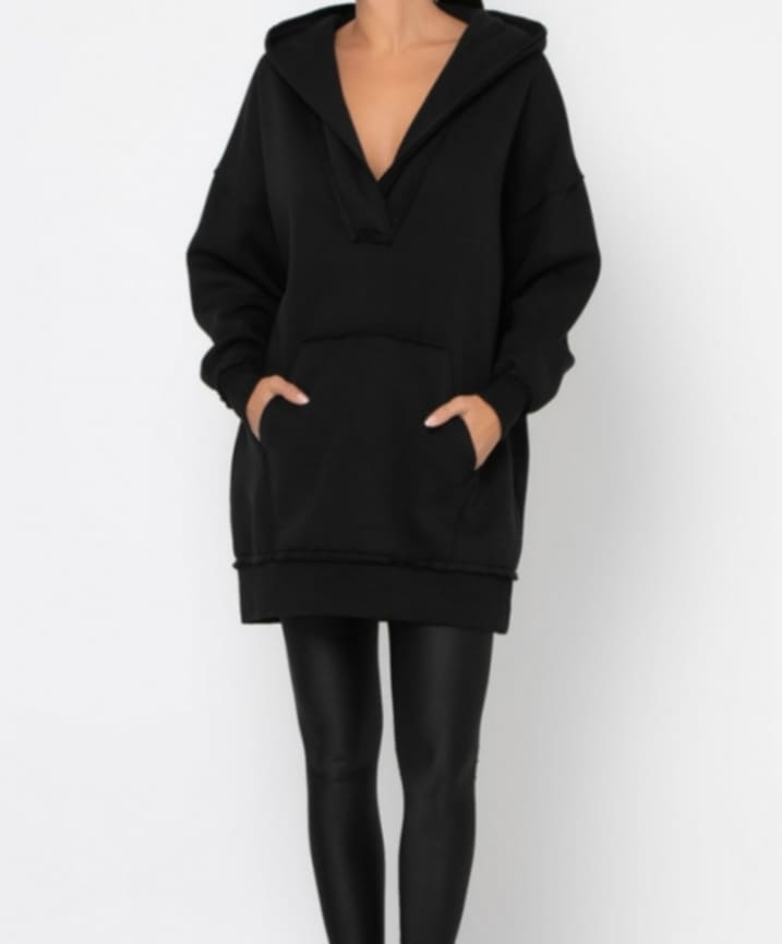 Μπλούζα φούτερ χνούδι μακρυμάνικη με "V", κουκούλα, τσέπη και εξωτερικές ραφές Apricot-Black-ΛΑΔΙ ΑΝΟΙΧΤΟ-ΛΑΔΙ ΣΚΟΥΡΟ