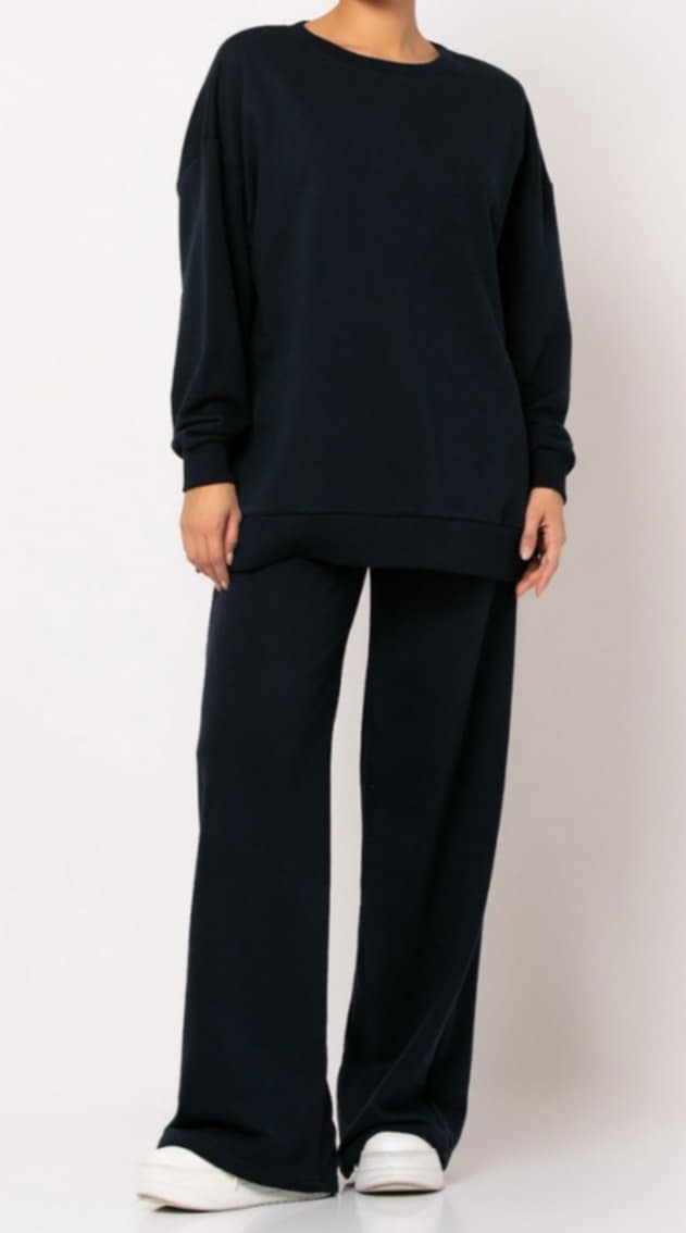 Σετ φούτερ αχνούδιαστο oversized - φόρμα ψηλόμεση φαρδιά Navy &amp; Μαύρο