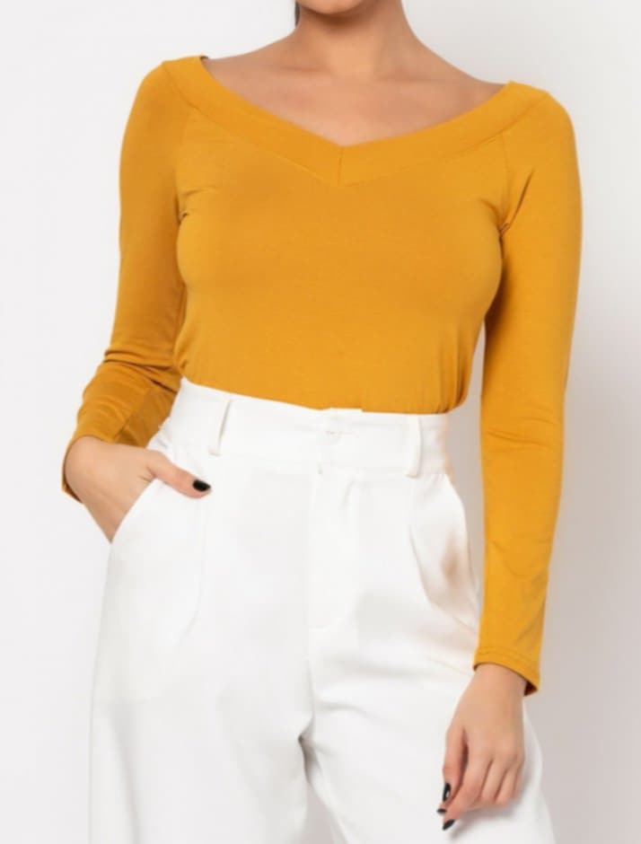 Μπλούζα Viscose με "V" μπροστά και πίσω Κανέλα σκούρο, Κάμελ, Εκρού,Μουσταρδί