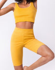 Σετ ριπ crop top αμάνικο - Κολάν ποδηλατικό ψηλόμεσο,Βεραμάν,Μουσταρδί,Ανθρακί μελανζέ,Μπλε ρουά μελανζέ